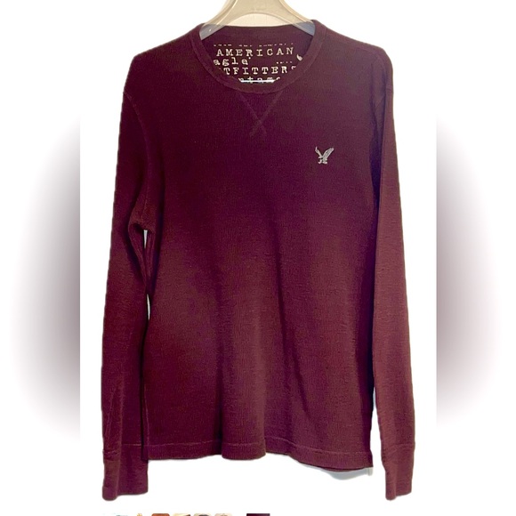 AMERICAN EAGLE OUTFITTERS Men’s Burgundy Long-Sleeve Waffle Thermal T-Shirt - Picture 1 of 3
